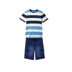 Kids Soft Cotton Stripe T Shirt paired with Medium Blue 6 Pockets Denim shorts