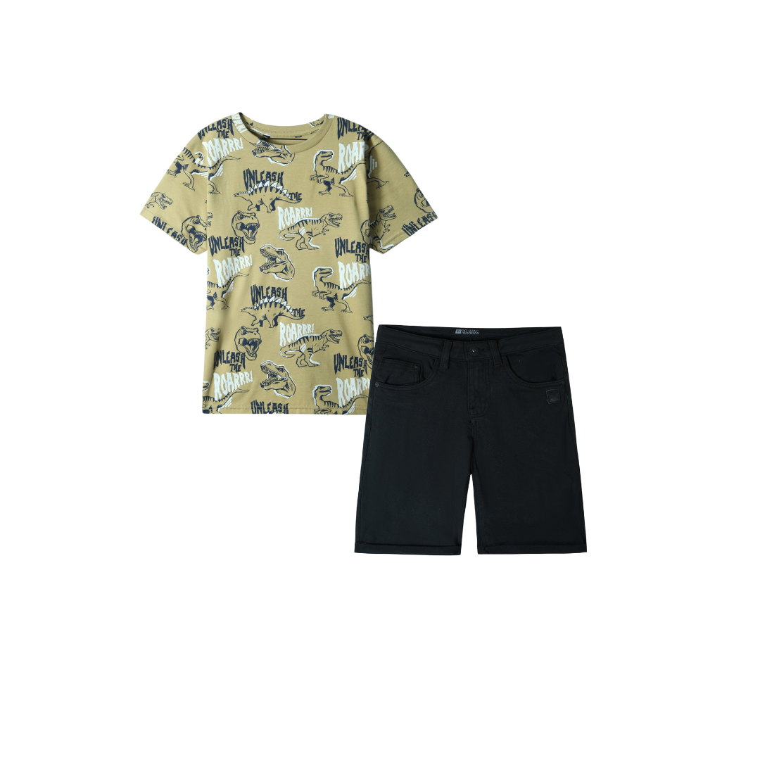 Kids Soft Cotton allover dino T Shirt paired with black Denim shorts