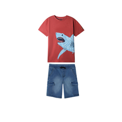 Kids Soft Cotton Shark T Shirt paired with 6 pockets cargo Denim shorts