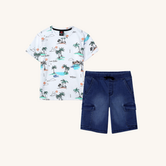 Kids Soft Cotton Summer T Shirt paired with Dark Blue 6 Pockets Denim shorts