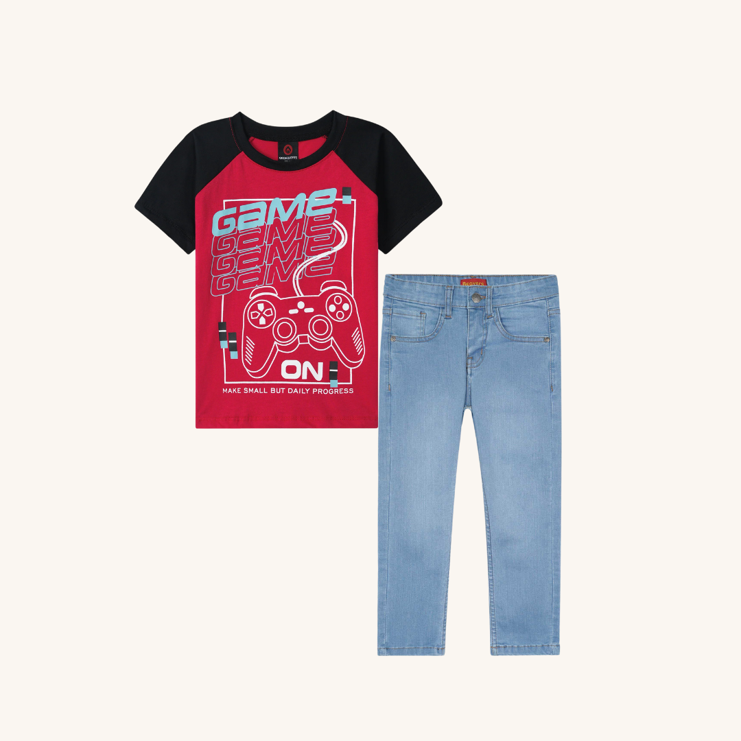 Kids Soft Cotton Game T Shirt paired with light blue denim Pants