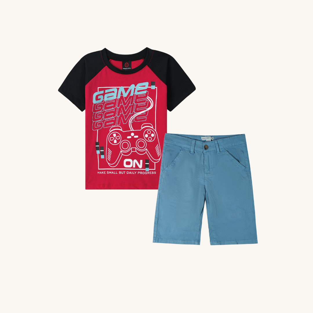 Kids Soft Cotton Game T Shirt paired with Light Blue Cotton Shorts