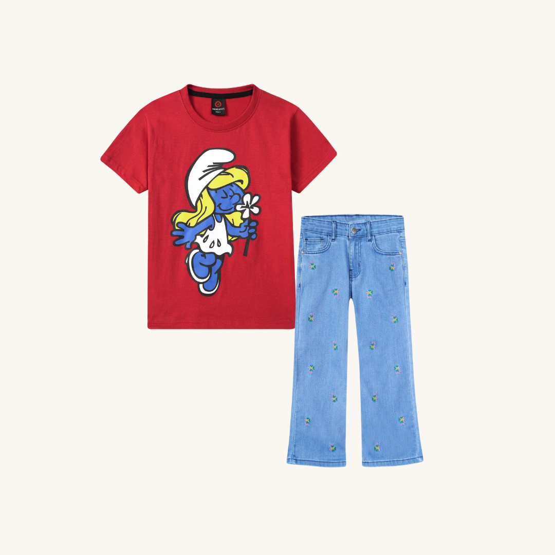 Smurf T Shirt Paired with Embroidered Wide Leg Pants