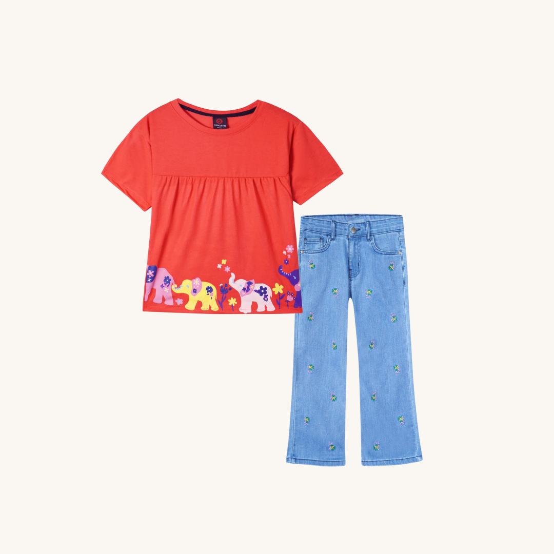 Frock T Shirt Paired with Embroidered Wide Leg Pants