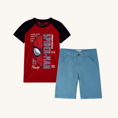 Boys Spiderman T Shirt Paired with Light Blue Cotton Short