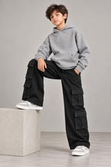 Unisex 8-Pocket Jet Black Wide Leg Jeans – 100% Cotton Stretch Denim