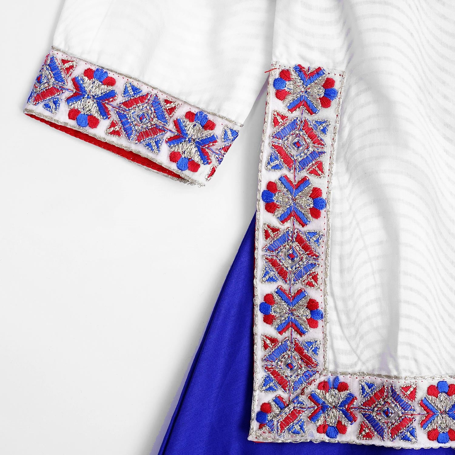 STITCHED 3 PIECE TILLA EMBELLISHED ROYAL BLUE LAWN SHIRT WITH LEHNGA