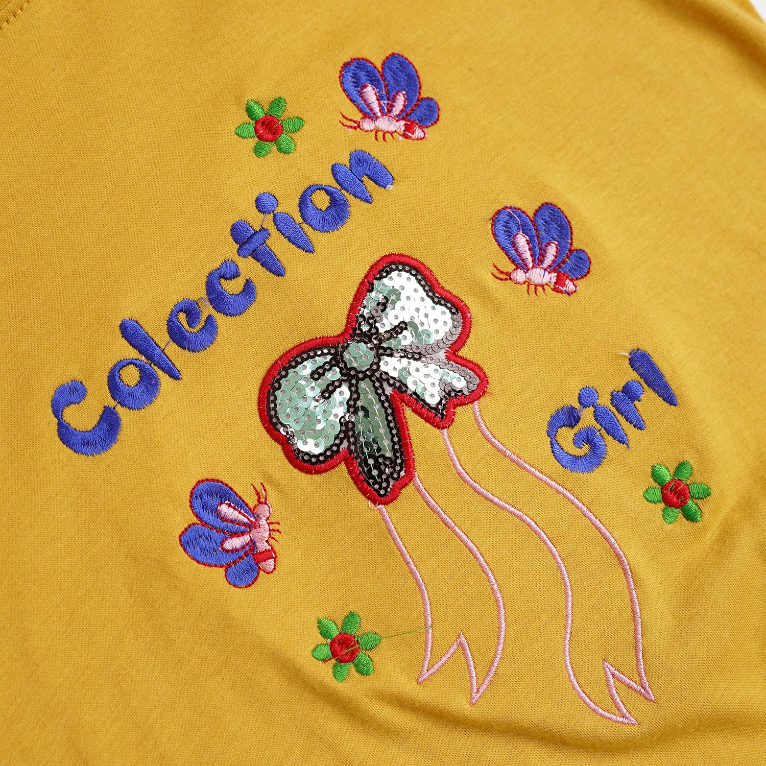 Girls Fashion Pure Cotton Sequin Embroidered Mustard T-shirt