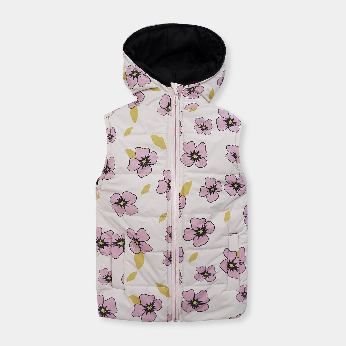 Girls Premium Quality All-Over Printed Sleeveless Puffer Zipper Hoodie Jacket