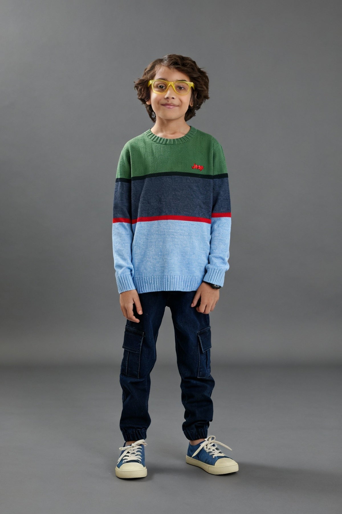Jeep Blue & Green Striped Cotton Sweater – 100% Cotton | Winter Wear for Kids