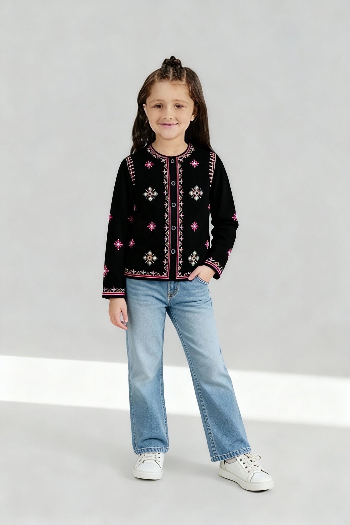 Black Jacquard Embroidered Shirt – Elegant Winter Wear for Girls
