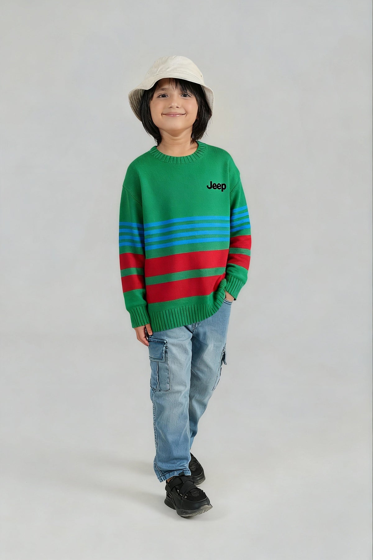 Jeep Striped Green Cotton Sweater – 100% Cotton | Winter Wear for Kids