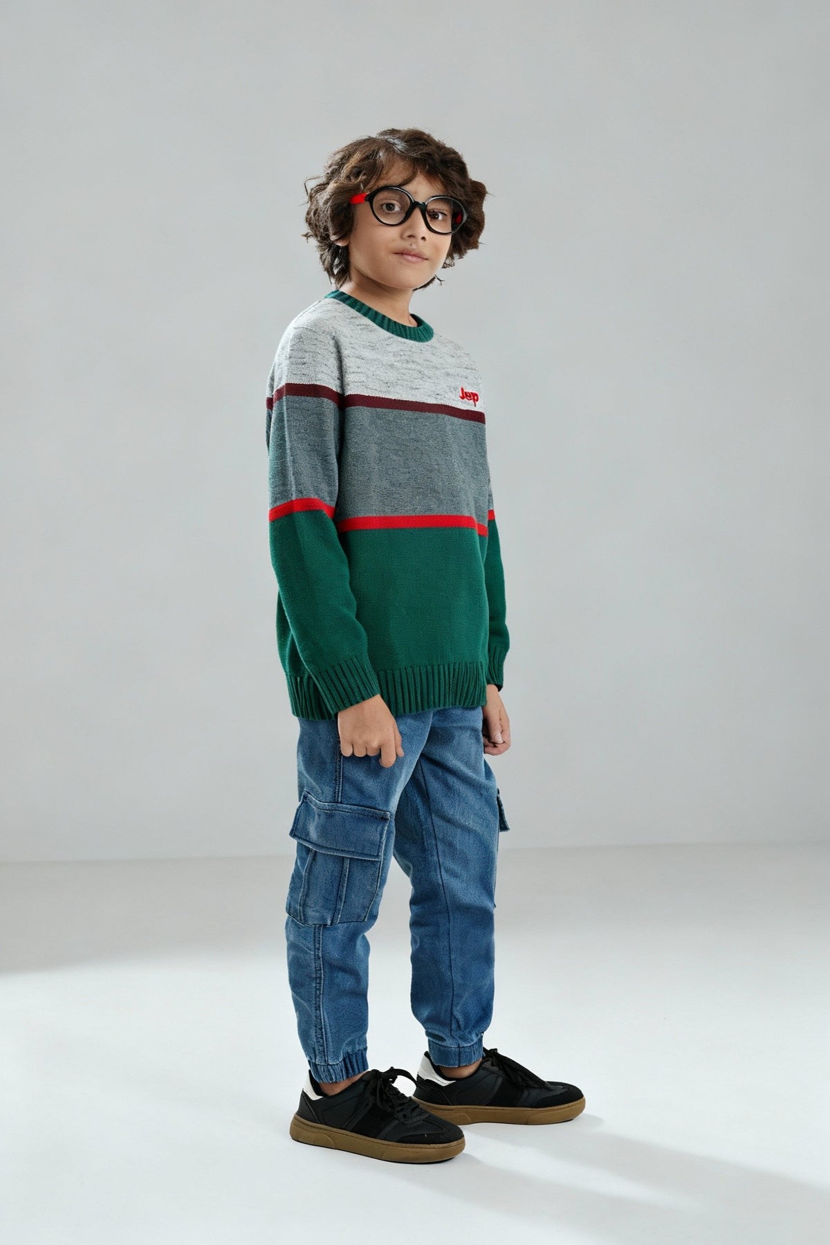 Jeep Green & Grey Striped Cotton Sweater – 100% Cotton | Winter Wear for Kids