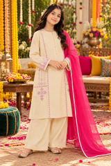 Girls Cream Embroidered 3-Piece Suit with Pink Dupatta