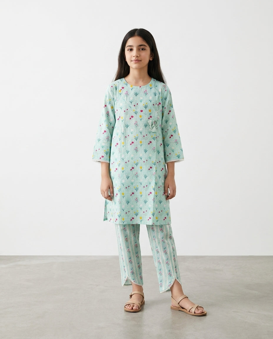 Girls Pastel Blue Floral Printed 2-Piece Co-Ord Set | Embroidered Lawn Kurta & Wide-Leg Trousers
