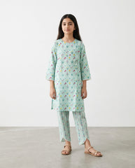 Girls Pastel Blue Floral Printed 2-Piece Co-Ord Set | Embroidered Lawn Kurta & Wide-Leg Trousers