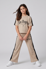 Girls Beige Ribbed Two Piece Set – Los Angeles Graphic Tee & Side Stripe Pants