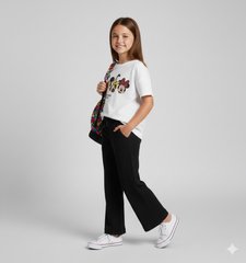 Girls' "Happy Crew" Character Print Co-ord Set – 100% Cotton Boxy Tee & Flare Trousers