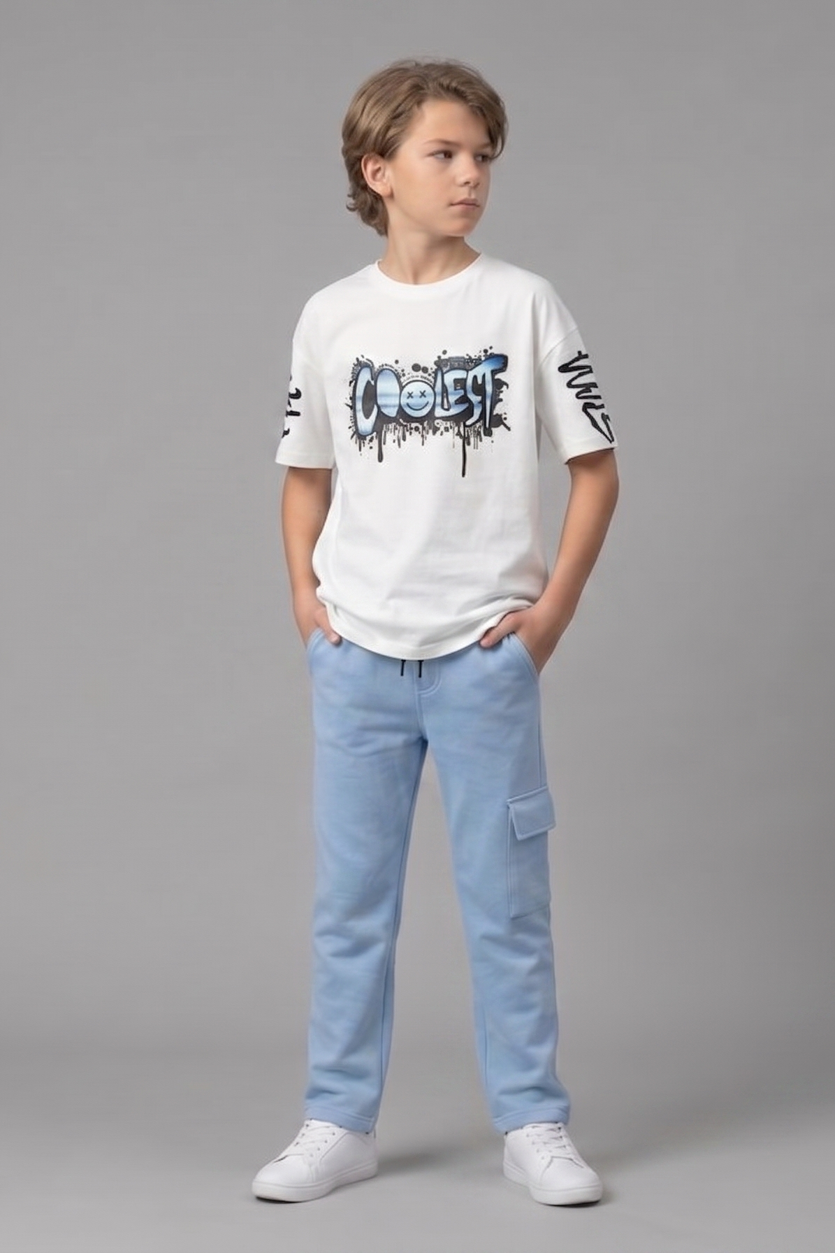 Boys “Coolest” Graphic T-Shirt & Blue Joggers Set – Stylish Casual Kids Wear