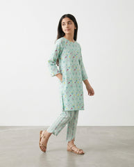Girls Pastel Blue Floral Printed 2-Piece Co-Ord Set | Embroidered Lawn Kurta & Wide-Leg Trousers