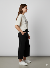 Girls' 100% Cotton 1x1 Rib Two-Piece Set – Boxy Graphic Tee & Wide-Leg Trousers
