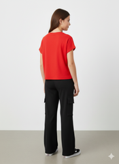 Girls' 100% Cotton 1x1 Rib 2-Piece Set – Boxy Puff-Print Tee & Wide-Leg Cargo Trousers