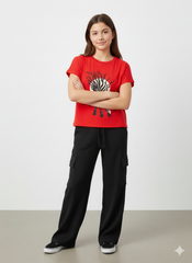 Girls' 100% Cotton 1x1 Rib 2-Piece Set – Boxy Puff-Print Tee & Wide-Leg Cargo Trousers