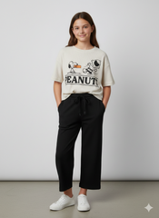 Girls' 100% Cotton 1x1 Rib Two-Piece Set – Boxy Graphic Tee & Wide-Leg Trousers