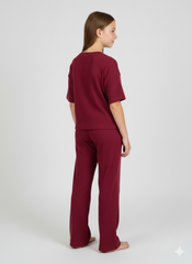 Girls' Premium 100% Cotton 1x1 Deep Burgundy Rib Two-Piece Set – Boxy Tee & Wide-Leg Trouser