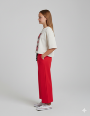 Girls' 100% Cotton 1x1 Rib Two-Piece Set – Boxy Nordic-Print Tee & Wide-Leg Trousers