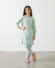 Girls Pastel Blue Floral Printed 2-Piece Co-Ord Set | Embroidered Lawn Kurta & Wide-Leg Trousers