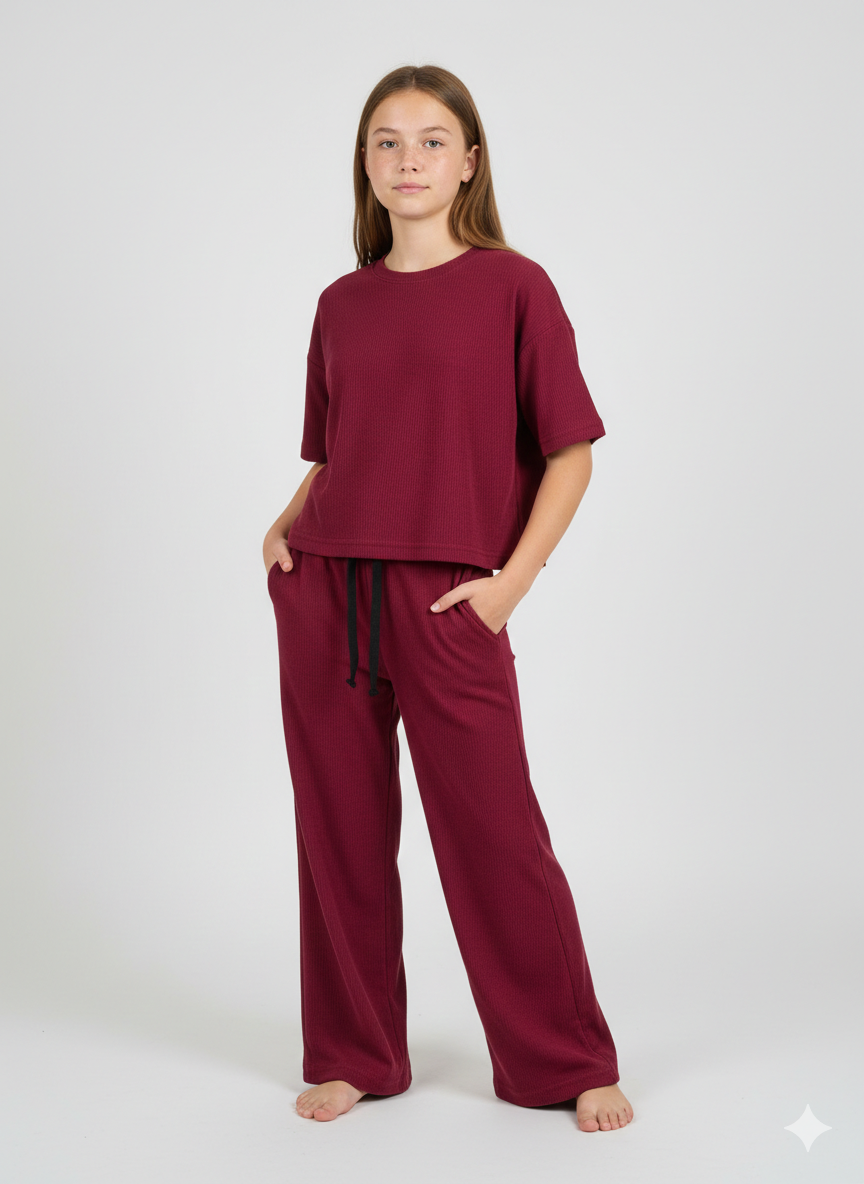 Girls' Premium 100% Cotton 1x1 Deep Burgundy Rib Two-Piece Set – Boxy Tee & Wide-Leg Trouser