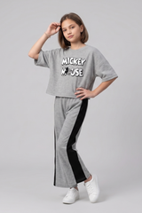 Girls Casual Grey Mickey Mouse Lounge Set with Side Stripe Trousers