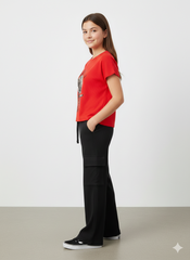 Girls' 100% Cotton 1x1 Rib 2-Piece Set – Boxy Puff-Print Tee & Wide-Leg Cargo Trousers