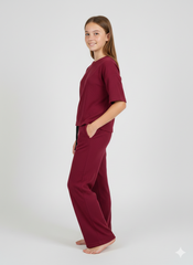Girls' Premium 100% Cotton 1x1 Deep Burgundy Rib Two-Piece Set – Boxy Tee & Wide-Leg Trouser