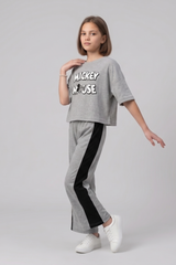 Girls Casual Grey Mickey Mouse Lounge Set with Side Stripe Trousers
