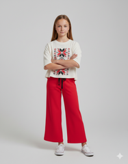 Girls' 100% Cotton 1x1 Rib Two-Piece Set – Boxy Nordic-Print Tee & Wide-Leg Trousers