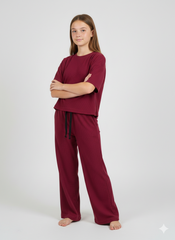 Girls' Premium 100% Cotton 1x1 Deep Burgundy Rib Two-Piece Set – Boxy Tee & Wide-Leg Trouser