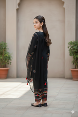 Girls Black Cotton Sequin Embroidered Ethnic Suit with Net Dupatta – Festive & Party Wear