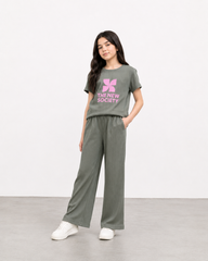Girls Ribbed Cotton Co-Ord Set | Olive Green Graphic Tee & Wide Leg Trousers