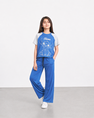 Girls Ohana Stitch Ribbed Co-Ord Set – Blue Short Sleeve T-Shirt & Wide Leg Pants