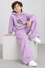 Kids Lavender Fleece Tracksuit Set with Tom & Jerry Embroidery – Unisex Hoodie & Wide-Leg Pants