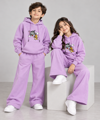 Kids Lavender Fleece Tracksuit Set with Tom & Jerry Embroidery – Unisex Hoodie & Wide-Leg Pants