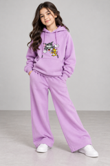 Kids Lavender Fleece Tracksuit Set with Tom & Jerry Embroidery – Unisex Hoodie & Wide-Leg Pants