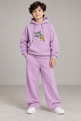 Kids Lavender Fleece Tracksuit Set with Tom & Jerry Embroidery – Unisex Hoodie & Wide-Leg Pants