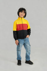 Kids Color-Block Fleece Zip-Up Jacket – Mustard, Red & Black