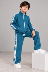 Kids Teal Blue Cotton Fleece Tracksuit with White Stripes