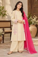 Girls Cream Embroidered 3-Piece Suit with Pink Dupatta