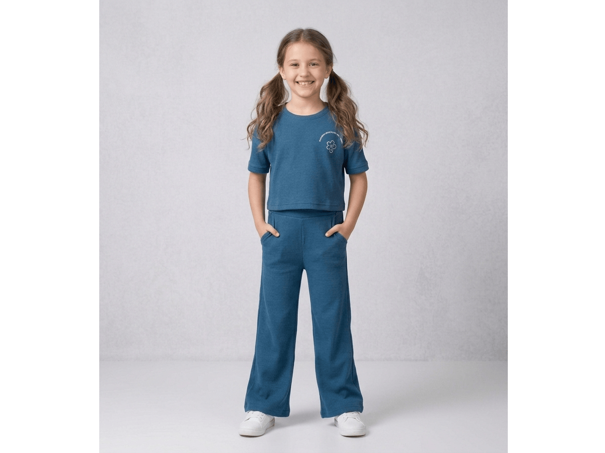 Chic Cotton 2x1 Rib Co-Ord Set with Printed T-Shirt & Wide-Leg Trouser