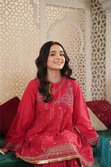 Girls Pink Cotton Embroidered Ethnic Suit with Net Dupatta – Festive & Party Wear